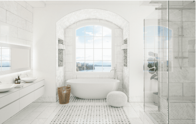 Modern white bathroom with carpet-style tile accent